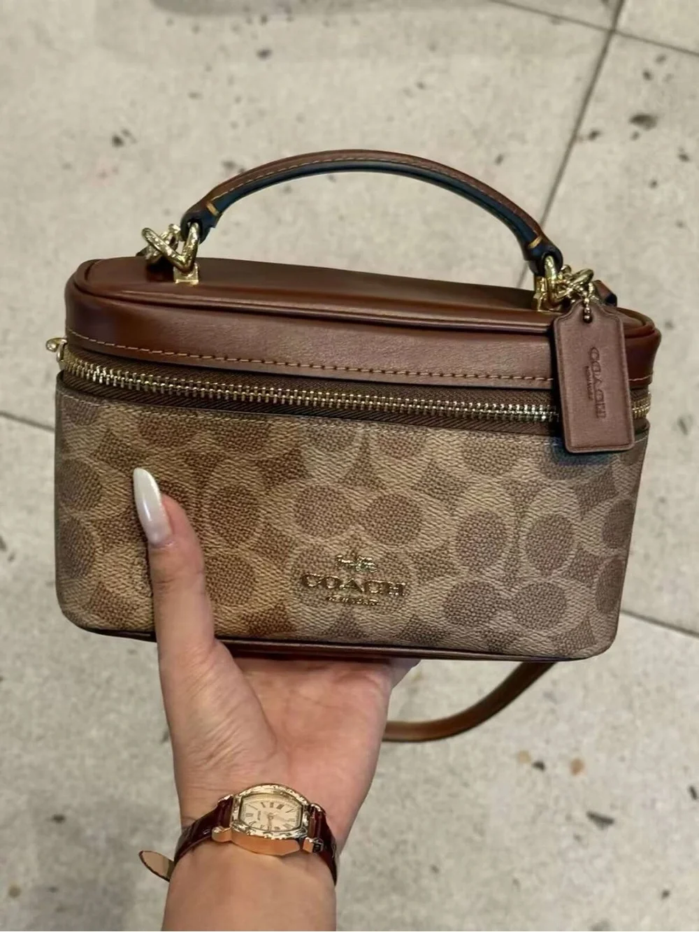 Coach Mini Vanity Crossbody in Signature Tan Canvas and Brown Leather